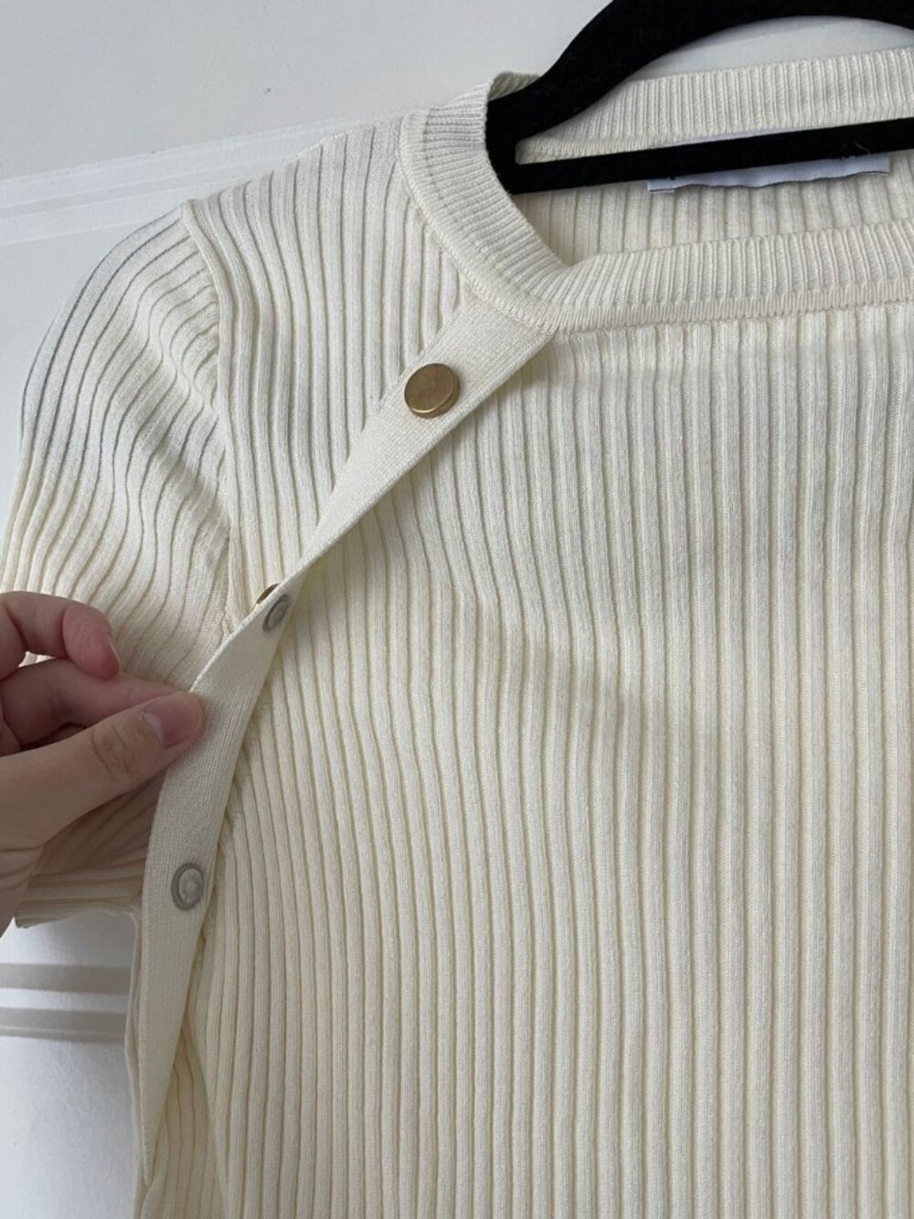 Mango Short-Sleeved Ribbed Sweater with Buttons Cream M - Picture 4 of 6